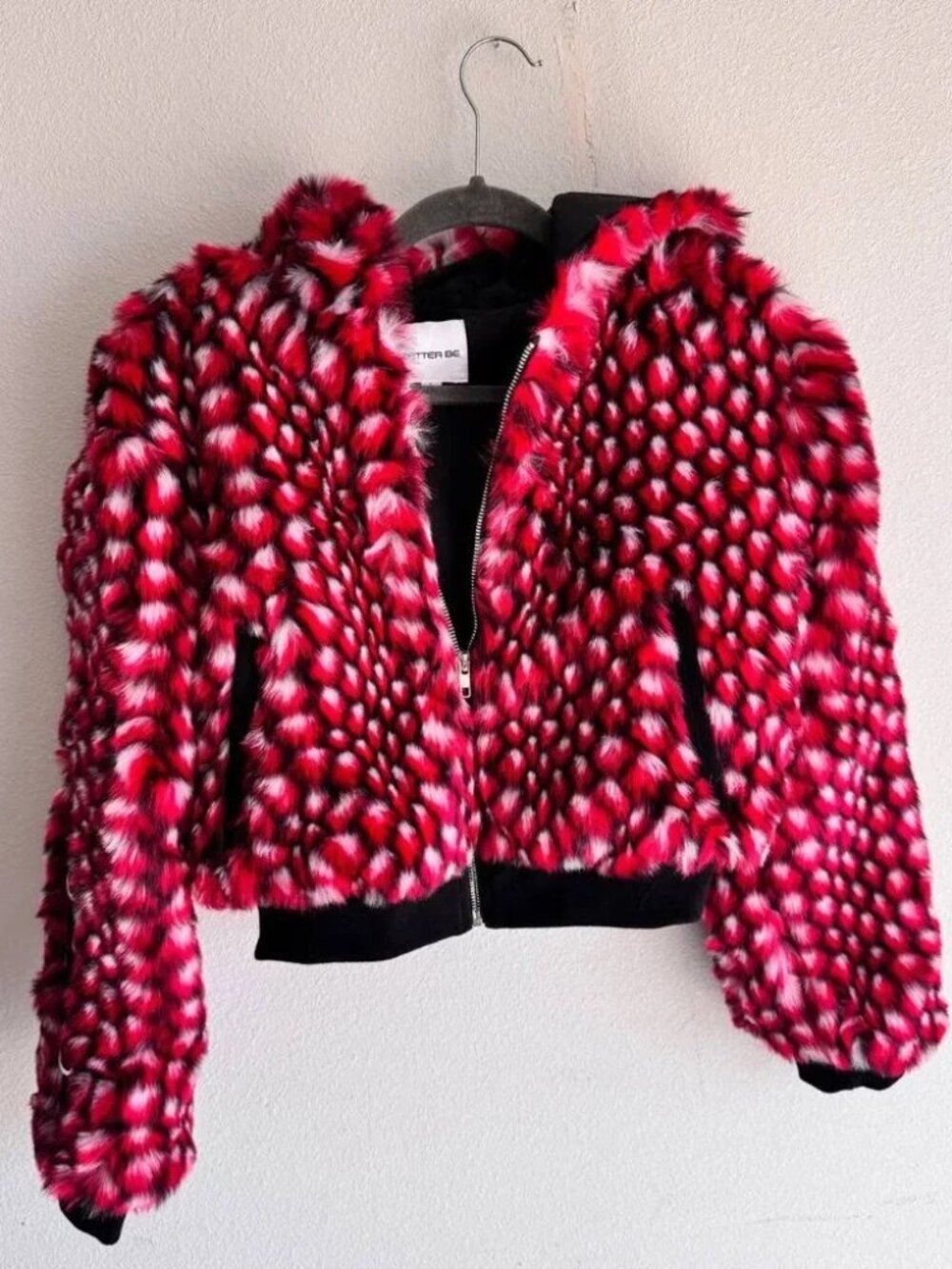 Faux Fur Jacket – Red/Black Pattern, Size S